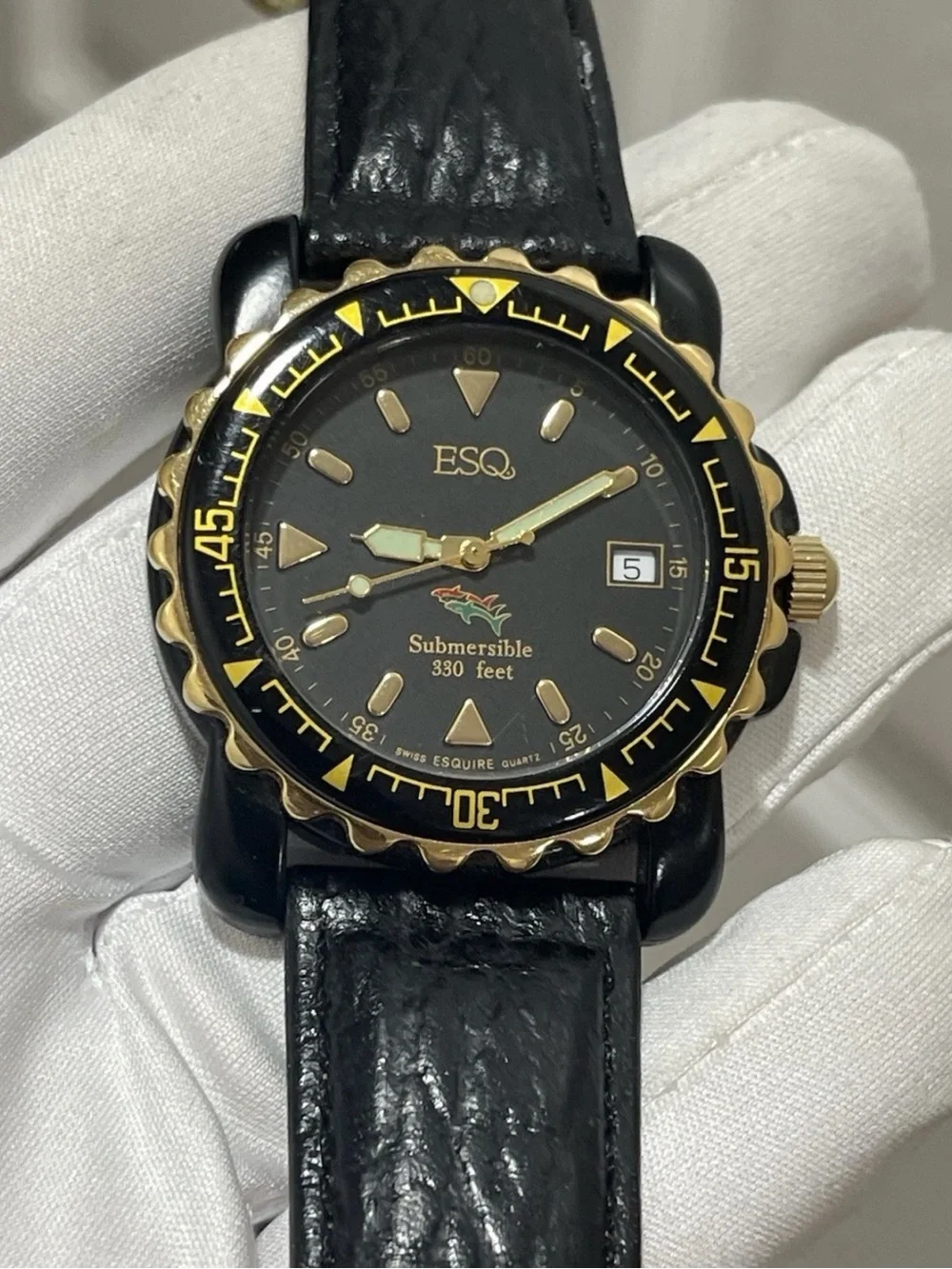 ESQ Movado Submersible Black Dial Gold Tone 330ft Diver 40mm Men’s Quartz